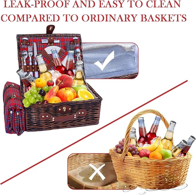 Neti Neti Wicker Picnic Basket for 4 with Insulated Cooler & Waterproof Blanket – Large Willow Picnic Hamper for Outdoor, Camping, Beach, Romantic Dates, Valentine’s Day