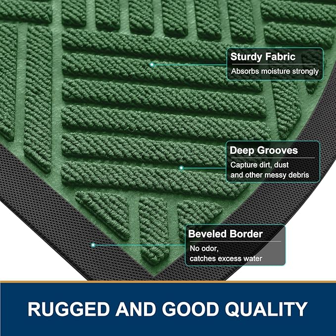 Smiry Half Circle Front Door Mat Outside Entrance, Heavy Duty Outdoor Indoor Natural Rubber Doormat, Non Slip, Trap Dirt and Moisture, Easy Clean, Low Profile Patio Porch Entryway Mat, 29.5x17, Green