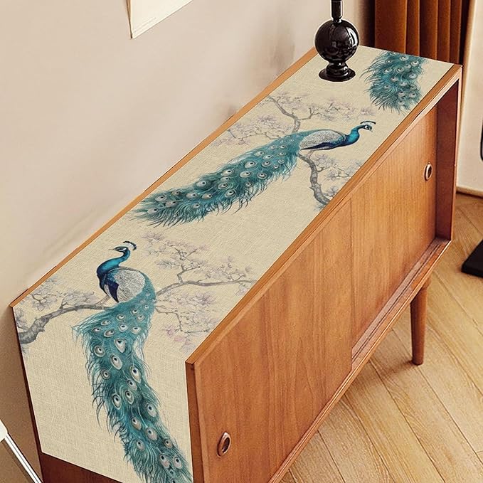 Peacock Table Runner,Retro Rustic Traditional Chinese Style Blossom Branch Table Runner Decor for Home Kitchen Dining Patio Holiday Party Indoor Table Decorations, 13"x90"