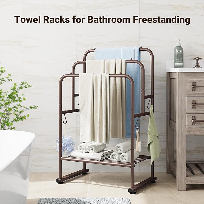 ELYKEN 40'' Tall Standing Towel Racks, 3 Tier Towel Drying Rack Outdoor, Pool Towel Stand Blanket Holder with Shelf & 4 Removable Hooks, Metal Freestanding Towel Racks for Bathroom, Smooth Silver