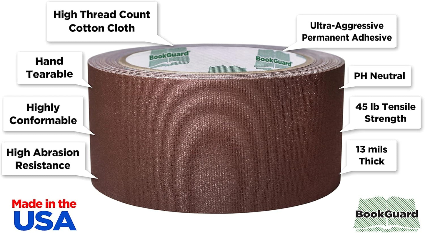 BookGuard 2 Inch Premium Bookbinding Repair Cloth Tape, 15 Yard Roll, Brown