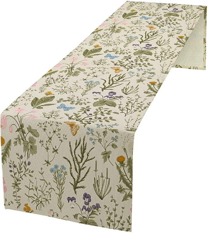 Vintage Wildflower Table Runner,Spring Floral Herbs Botanical Summer Butterfly Print Table Runner for Kitchen Dining Table Home Party Decor 13x120in