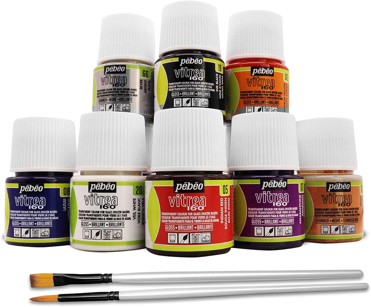 Pebeo Vitrea 160 Glass Paint - Transparent Colour Glossy and Brilliant - Made in France - DIY Craft Paint for Stained Glass and More - Set of 8 Colors Bundled Application Brushes
