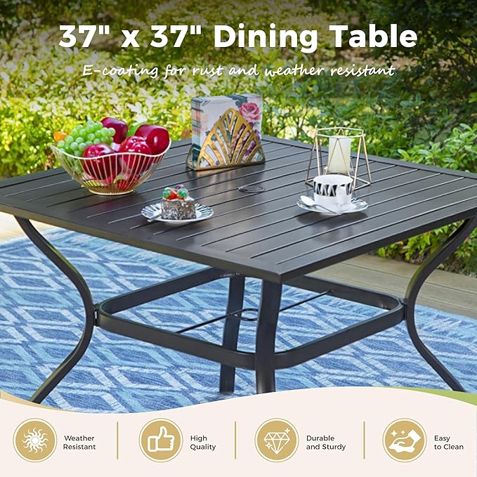 Outdoor Patio Square Dining Table, 37"x 37" Metal Slatted Tabletop with Adjustable Umbrella Hole, All Weather Wrought Iron Black Outdoor Table for Deck Lawn Garden Backyard, Black