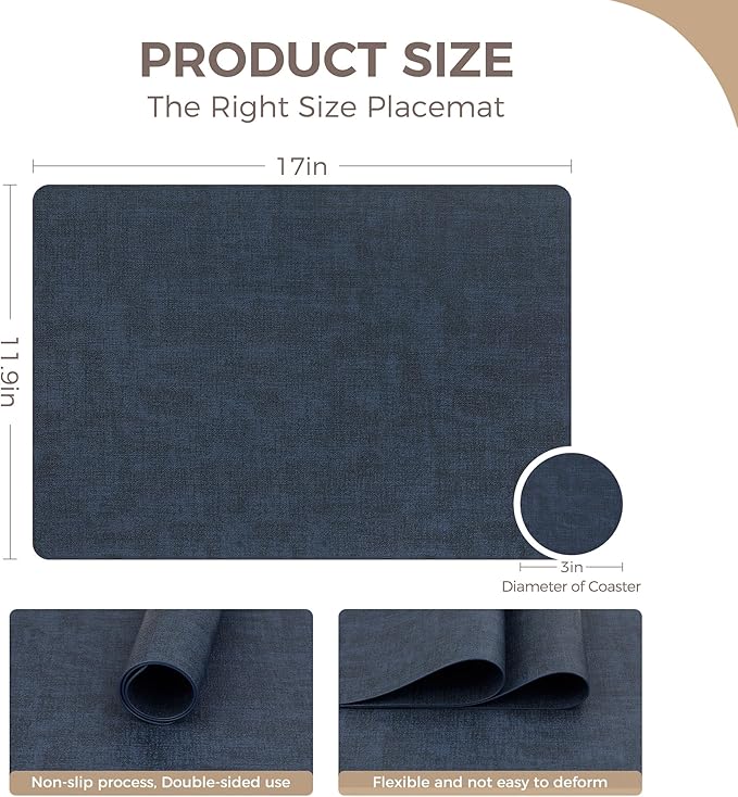Vinyl Placemats Set of 4, Faux Leather Waterproof and Heat Resistant Place Mats, Washable Anti-Slip Table Mats with Coaster, Wipeable Placemats for Indoor & Outdoor 17" x 12" (Navy Blue, Set of 4)