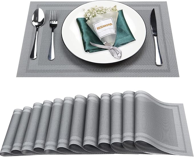 Placemats Set of 12,Washable,Heat and Stain Resistant Indoor/Outdoor Place mats,Vinyl Woven Non Slip Table Mats for Restaurant Table Protection,PVC Placemats(Gray,12PCS)