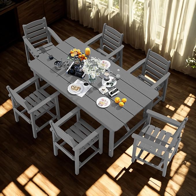 7 Piece Patio Dining Set with 11ft Patio Umbrella (Black), 7 Gray Outdoor HDPE Dining Set with 6 Chairs + 1 Large Table with 2" Umbrella Hole, for Market, Pool, Garden, Backyard, Deck