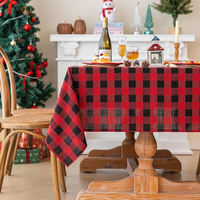 Gingham Christmas Tablecloth Heavy Duty Cotton Blend Red 60x102 inch Plaid Christmas Table Cloth Reusable Waterproof Foldable Tablecloths Xmas Table Cover for New Year Party Decor