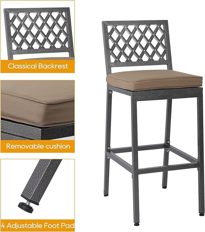 Outdoor Patio Bar Set, Bar Height Patio Dining Set, Weather-Resistant Bistro Counter Pub Set with Cushions & Slatted Tabletop for Backyard, Garden, Yard (47" Table, 2 "X Style Stool, Gray)