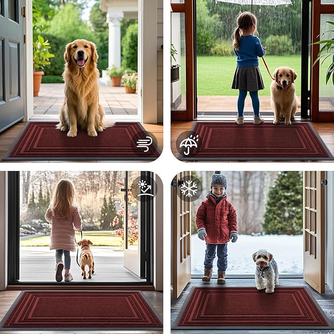 Buganda Front Door Mat Indoor Outdoor Entrance, Non-Slip Natural Rubber Doormats, Easy Clean, Low Profile, Dirt Trapper Entryway Floor Mats for Outside, Garages and Patios, 29.5x17, Wine Red