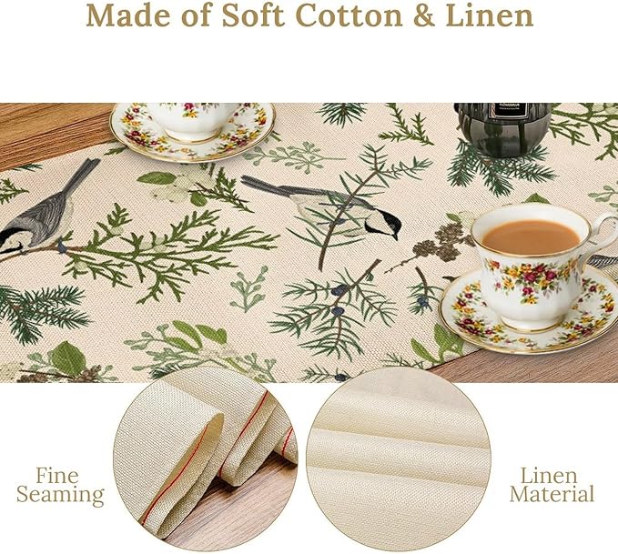 Bird Spring Table Runner,Vintage Watercolor Perching Birds Green Pine Branches Table Runner for Kitchen Dining Table Holiday Indoor Outdoor Home Party Decor 13x60in