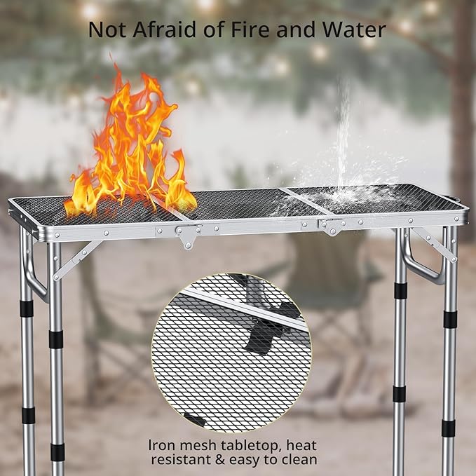 Anbte 3ft Folding Grill Table with Storage Bag, 3 Adjustable Height 27.5" Aluminum Portable Grill Table, Heat Resistant, Lightweight, Portable Handle for BBQ Cooking Camping Travel, 35" X 16", Silver