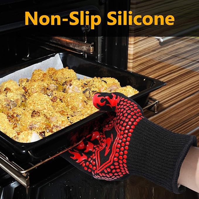 QUWIN BBQ Gloves, BBQ Accessories 1472℉ Extreme Heat Resistant, Grilling Gloves Silicone Non-Slip Oven Mitts, Kitchen Gloves for BBQ, Grilling, Cooking, Baking-1 Pair… (One Size Fits Most, Red)