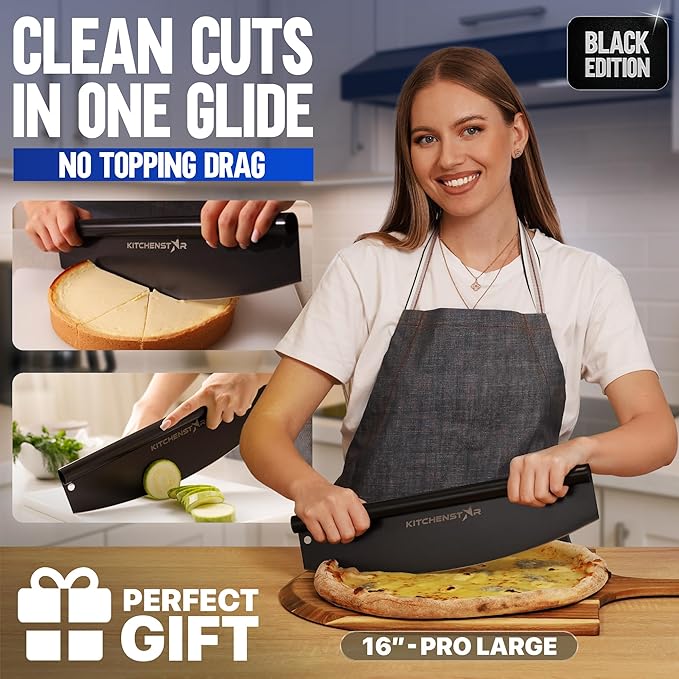 KitchenStar 16-Inch Pizza Cutter Rocker Blade - Sharp Stainless Steel Slicer Knife, Protective Cover, Black Nonstick, Large - Professional Pizza Oven Accessories