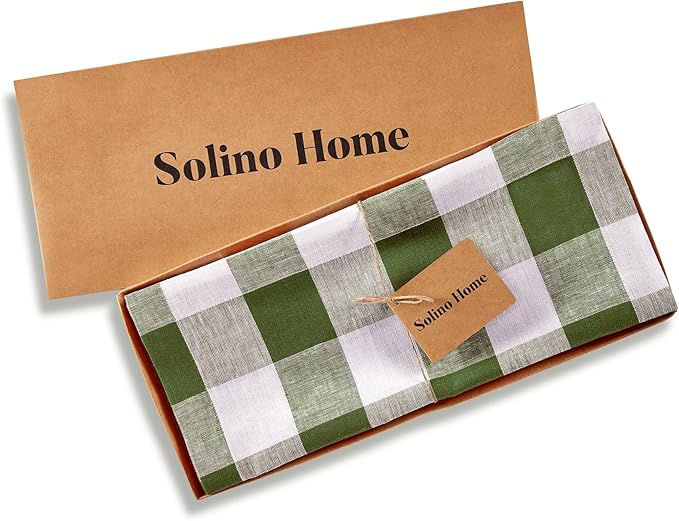 Solino Home Linen Checkered Table Runners 72 Inches Long - 100% Pure Linen Olive and White Buffalo Check Table Runner 14 x 72 Inch Ideal for Dresser, Dining, Spring, St Patricks Day, Easter