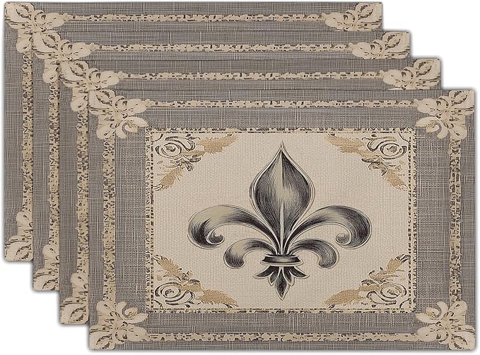 Giwawa Fleur De Lis Placemats Set of 4 Vintage Mardi Gras Washable Place Mat 12"x18" Country Style Rustic Farmhouse Non Slip Double Sided Table Mats for Kitchen Dining Holiday Party Decor