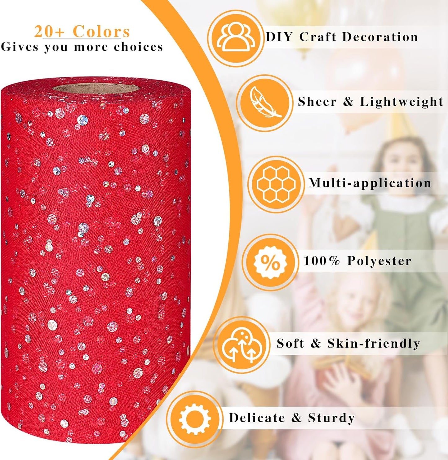 Glitter Tulle Rolls, 6' by 50 Yards (150FT) Sequin Tulle Netting Fabric for Tutu Skirts Sewing Birthday Wedding Party Decoration (Red)
