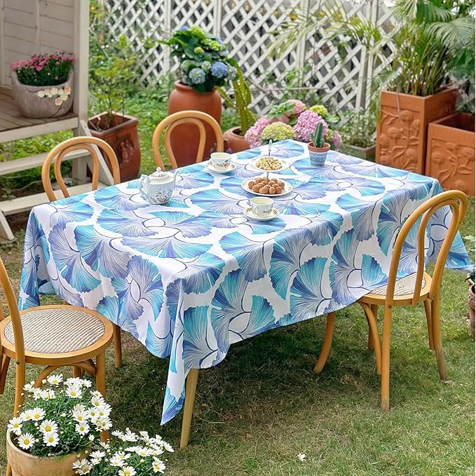 Outdoor Rectangle Tablecloth 60 x 84 Inch, Waterproof Table Cloth, Ginkgo Leaf Printed Pattern Table Cover for Dining, Farmhouse, Party, Easter, Spring Summer, Blue Floral