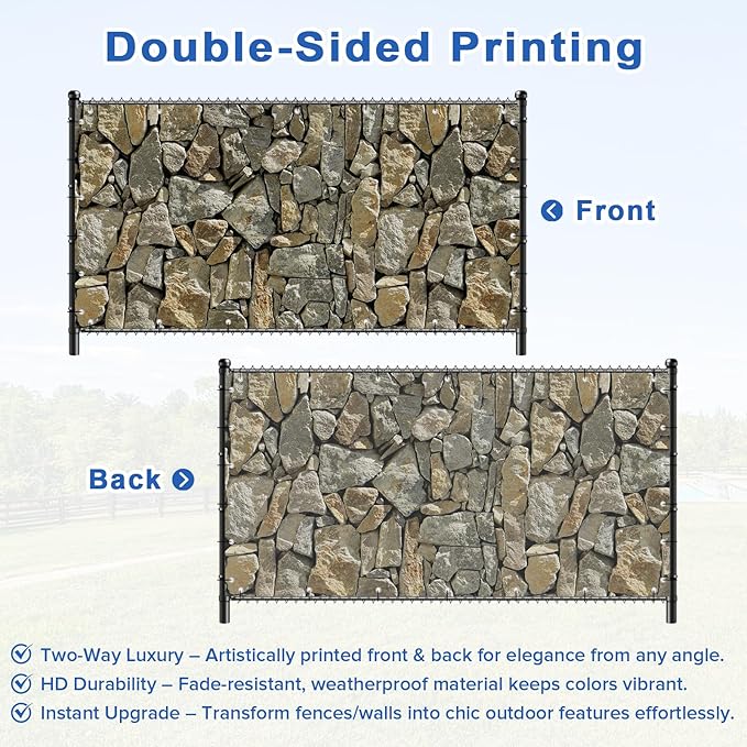 UPGRADE 4'x20'Customized PVC Privacy Fence Screen with Stone Wall Print – Outdoor Waterproof Patio Privacy Cover for Yard, Balcony, Garden Fence Decoration