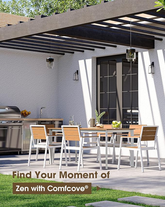 Outdoor Patio Dining Set, Aluminum & HDPS 5 Piece Outdoor Table and Chairs Set with Umbrella Hole, Modren Rectangular Patio Furniture Set with All-Weather Table and 4 Chairs (White & Teak)