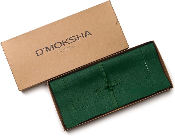 D'Moksha Homes Linen Forest Green Table Runner 120 Inches Long - 100% Pure Linen Hemstitch 14 x 120 Inch Table Runner for Dining, St Patricks Day, Easter - Classic Hemstitch