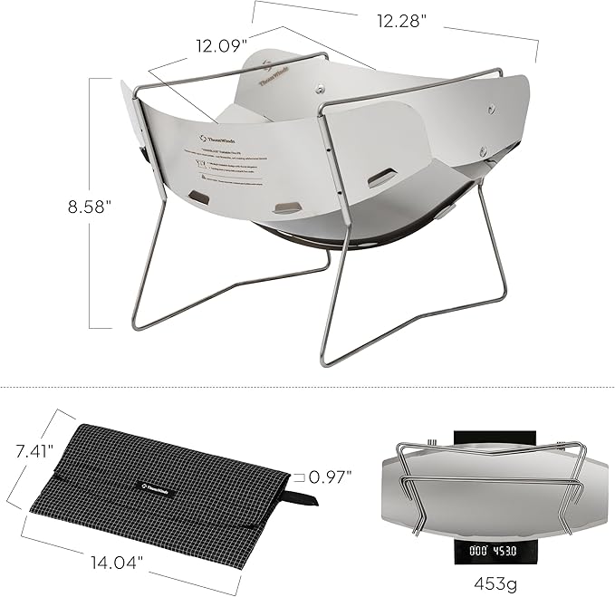 Thous Winds Outdoor Fire Pit, 12-inch Portable Camping Fire Pit, Stainless Steel Camp Grill Wood Burning Charcoal for BBQ Bushcraft Backpacking, with Storage Bag