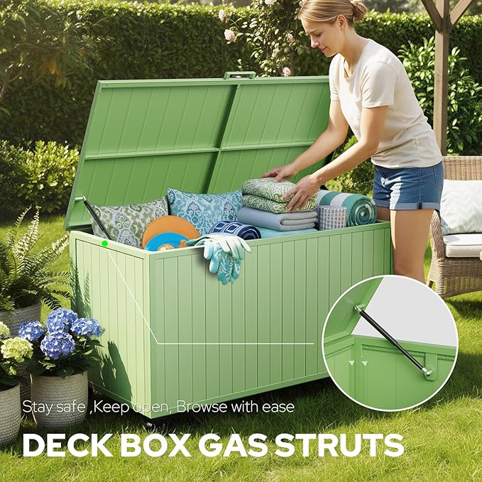 Outdoor Storage Box with Wheels 150 Gallon, Metal Deck Boxes Outdoor Waterproof, Patio Storage Box for Home/Backyard/Pool Chemicals/Toys/Garden Tools/Porch/Patio Cushions (Green)