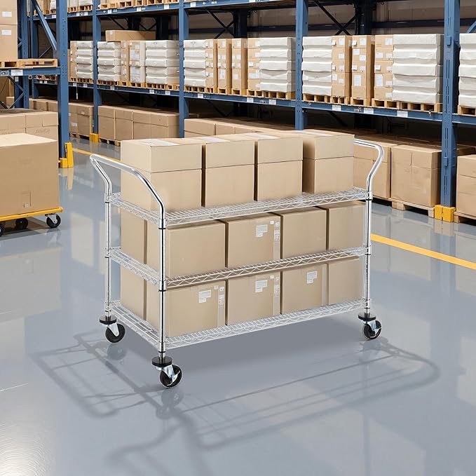 Finnhomy 3-Tier Commercial Grade Rolling Cart, Heavy Duty Utility Carts with Wheels and Handles, Kitchen Trolly on Wheels, Metal Serving Shelves with 700 lbs Capacity, Shelf Size 24" D x 48" W, NSF