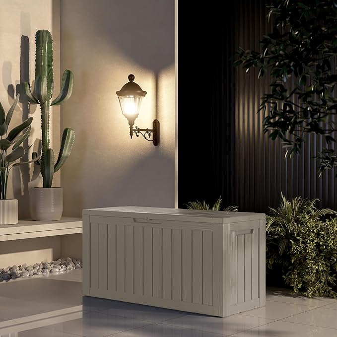 90 Gallon Outdoor Storage Box - Deck Box Container for Patio, Pool, and Garden-Waterproof and UV Resistant Resin,Lockable (Grey)