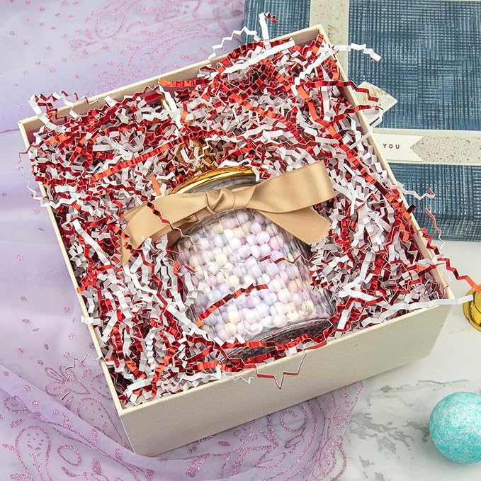 Caleihd 4.5oz Crinkle Cut Paper Shredded Filler Paper for Gift Baskets Gift Box Confetti Paper Shreds Decoration Stuffing for Birthday, Weddings, Anniversaries, Christmas Wrapping Red&White