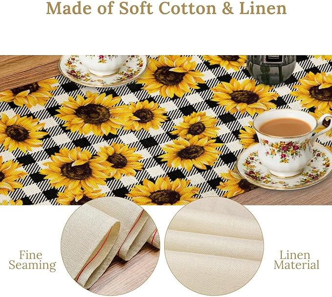 Summer Sunflower Table Runner, Sunshine Seasonal Buffalo Plaid Table Runner for Indoor Home Party Kitchen Dining Outdoor 13x90in
