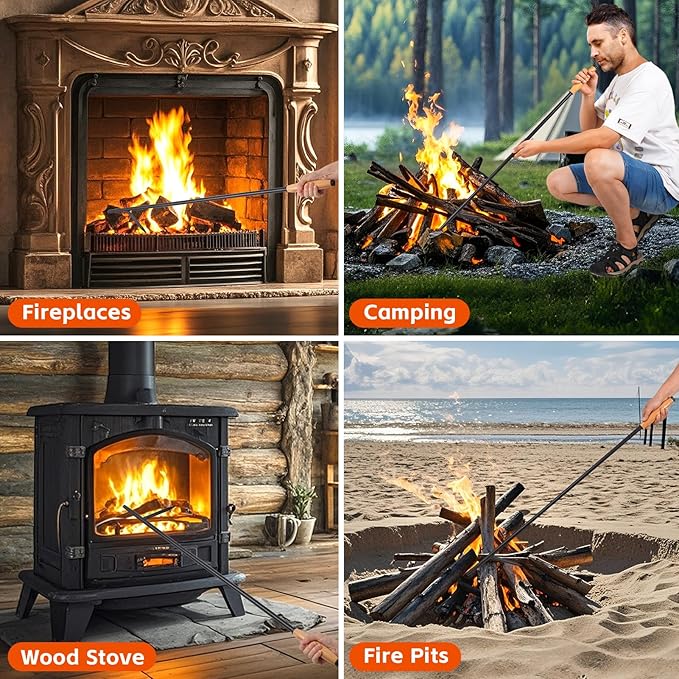 Fire Poker for Fire Pit Outdoor, 38 Inch Extra Long Iron Campfire Poker, 3 Part Assembled Fireplace Poker with Blower Poke and Wooden Handle for Indoor Wood Stove, Outdoor Camping, Bonfires