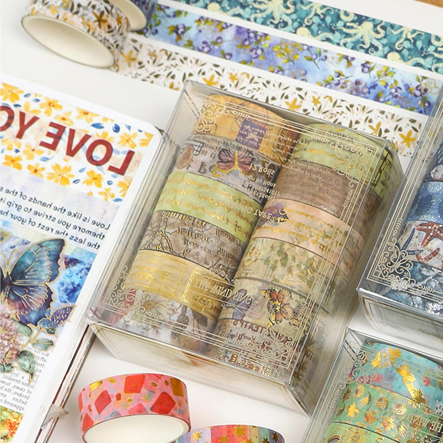 12 Rolls Charming Washi Tape Set Gold Silver Foil Detailing Arts Adhesive Tapes Basic Patterns Decorative Masking Tape Sets for Craft, Kids, Scrapbook, DIY, Gift Wrapping (Vintage Elegance)