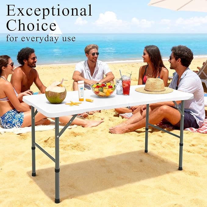 Folding Tables with Carrying Handle Lightweight Rectangular Portable Plastic Camping Table Steel Legs for Party, Dining, Wedding, Events, Picnic Indoor, Outdoor (1, White, 4 FT)