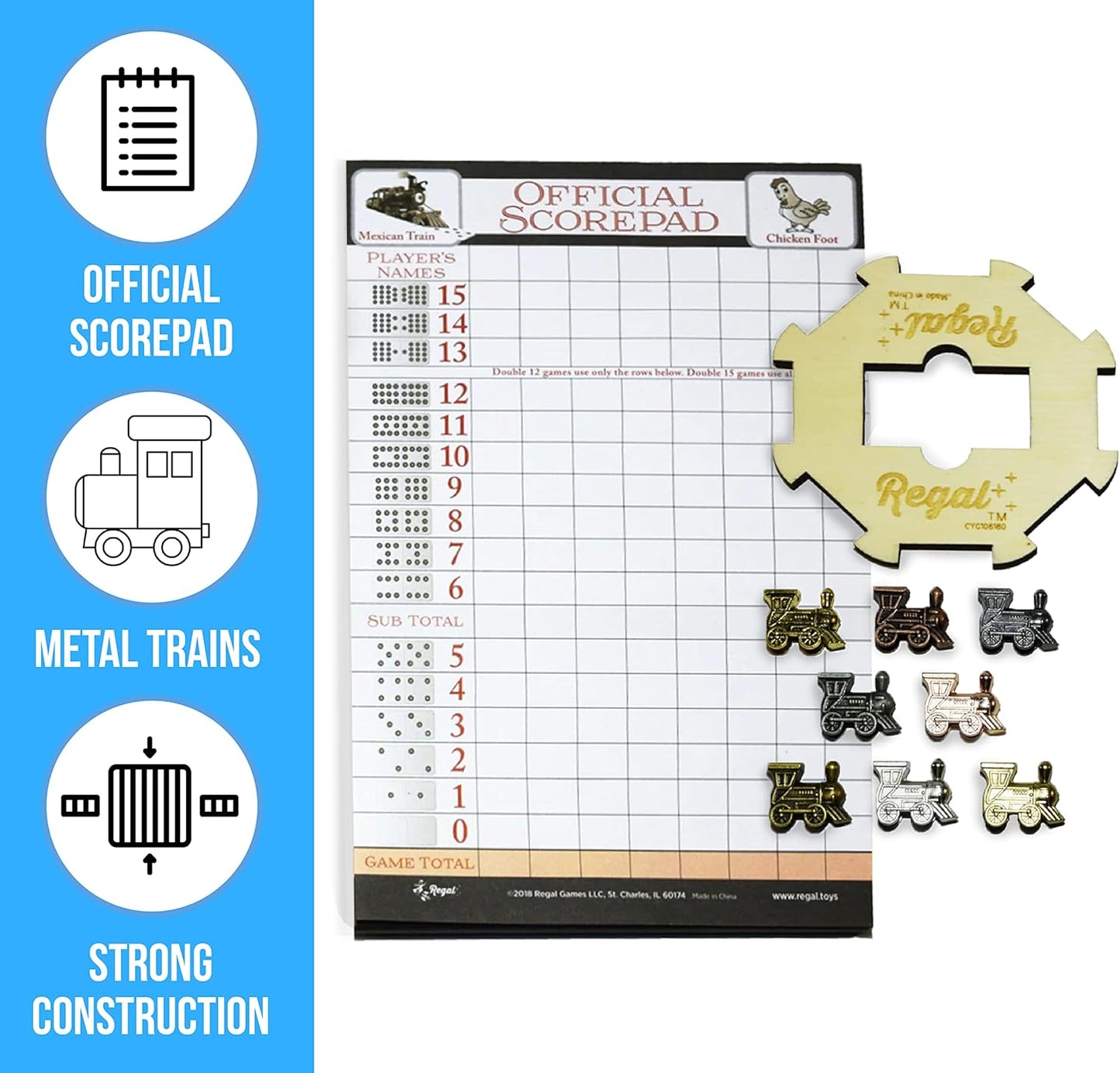Regal Games Mexican Train Domino Expansion Set - 8 Metal Marker Trains with Unique Finishes - Replacement Wooden Hub - Scoresheet