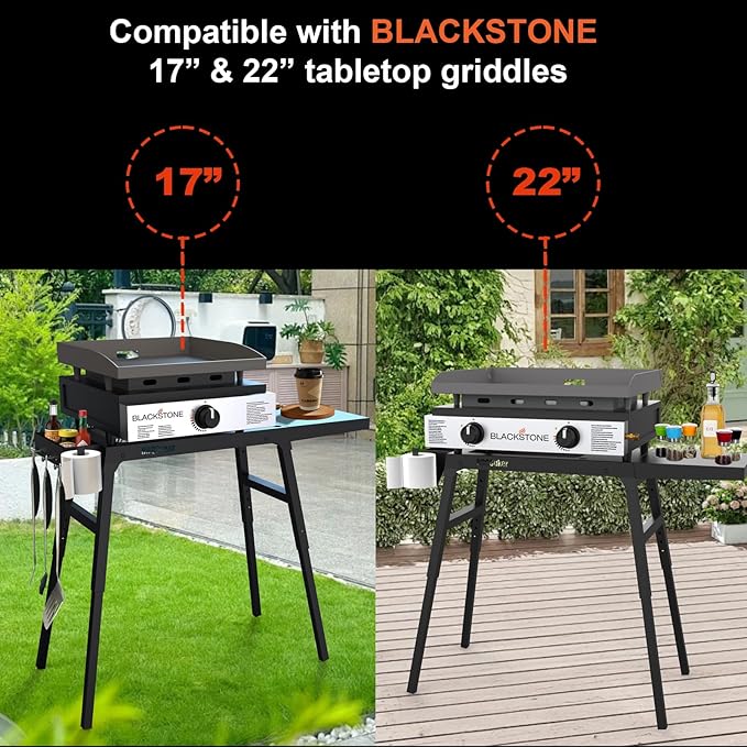 Griddle Stand for Blackstone 17"and 22" Tabletop Griddle, Foldable Grill Table with Adjustable Legs, a Removable Side Shelf, Paper Towel Holder, 3 Tool Hooks and a Spice Box, for RV, Camping