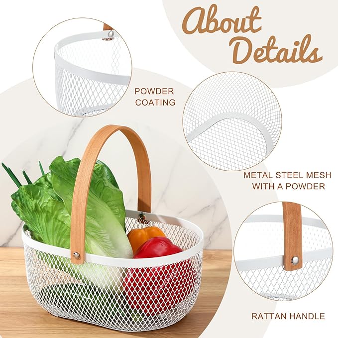 Maxcheck 4 Pcs Oval Metal Wire Storage Basket with Handle for Gathering Vegetables Multi Functional Mesh Basket for Kitchen Bathroom Picnic Home, 10.24 x 7.68 Inch(White)