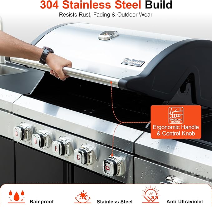 Brand-Man Outdoor Kitchen Island – 5-Burner Gas Grill & Griddle Combo with 800°C Infrared Sear Zone, Dual-Zone Cooktop, Sink & Storage, 995 sq.in Cooking Area, 67,000 BTU Stainless Steel BBQ Station