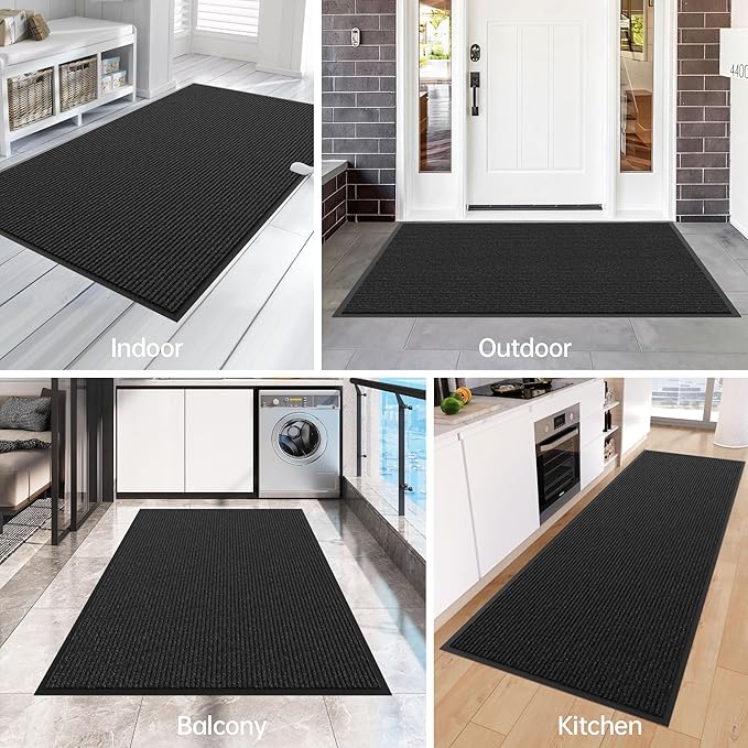 Front Door Mat, 6' x 2' Heavy Duty Indoor Outdoor Door Mat Entrance, Commercial Welcome Mats, Stain and Fade Resistant, Durable Rubber Backing, Low Profile Entry Mat for Patio, Black Stripe
