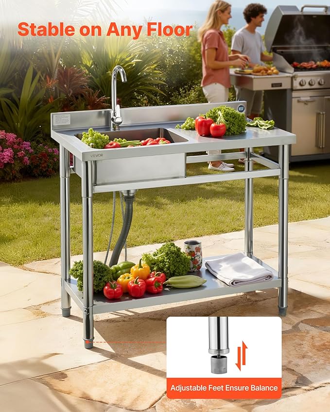 VEVOR Stainless Steel Utility Sink, Free Standing Single Bowl Commercial Kitchen Sink with Faucet, 39.4 x 19.7 x 37 in, Utility Right Basin with Hot & Cold Water Pipe for Garage, Restaurant, Laundry