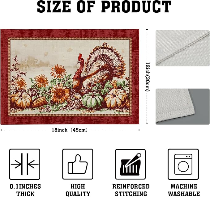 Giwawa 4PCs Thanksgiving Placemats 12x18 Inch Fall Harvest Turkey Autumn Pumpkin Sunflowers Corn Place Mat Non Slip Heat Resistant Table Mats for Kitchen Dining Tabletop Holiday Farmhouse Decor