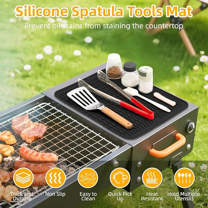 Grill Accessories, 16x12 Inch Silicone Heat Resistant Mat, BBQ Tool Rest Pad for Blackstone Griddle Side Shelf, Weber, Traeger, Outdoor Kitchen Countertop Protector (Black)