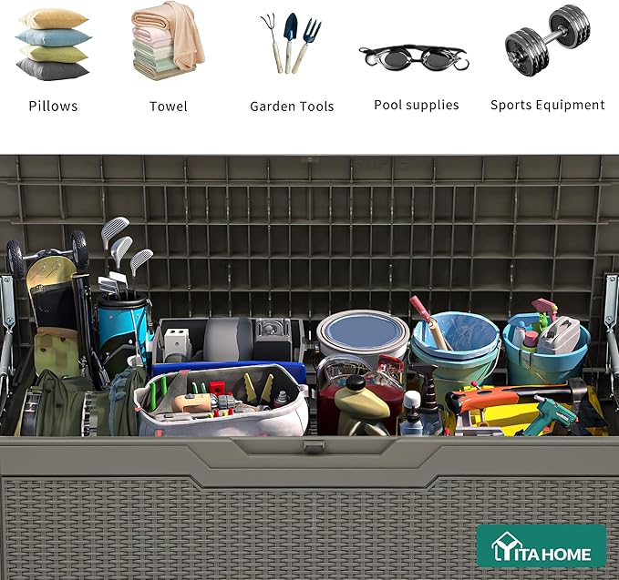 YITAHOME 80 Gallon Resin Deck Box, Weather Resistant Outdoor Rattan Storage Box, Lockable Indoor Outdoor Storage for Supplies and Essentials, Taupe