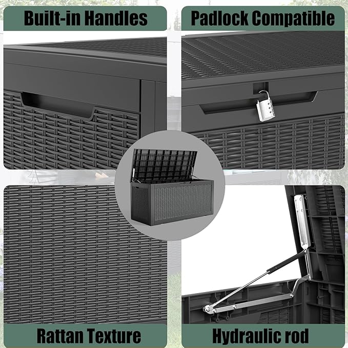 DRATO 100 Gallon Large Deck Box, Outdoor Storage Box for Patio Furniture, Patio Cushions, Gardening Tools, Pool Supplies,660lbs Weight Capacity,Waterproof Resin Storage Boxes（Black，100 Gallon）