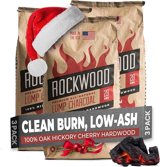 Rockwood Premium Hardwood Lump Charcoal – Oak, Hickory & Cherry Blend for Restaurant Quality Barbecue Smoking & Grilling – Smoky Flavor BBQ, Clean Burning for Kettle & Kamado Grills – 20lbs (3 Packs)