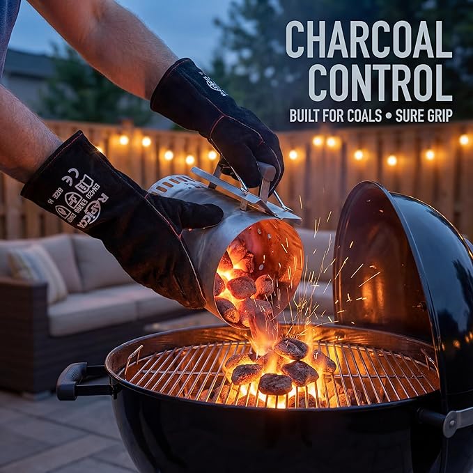 RAPICCA Fireplace Gloves Fire Heat Resistant: Black 14IN - Fireproof Leather for Fireplace Fire Pit Wood Stove Campfire Furnace BBQ Grill Oven Stick Mig Welding Welder Gear - Birthday Gift for men