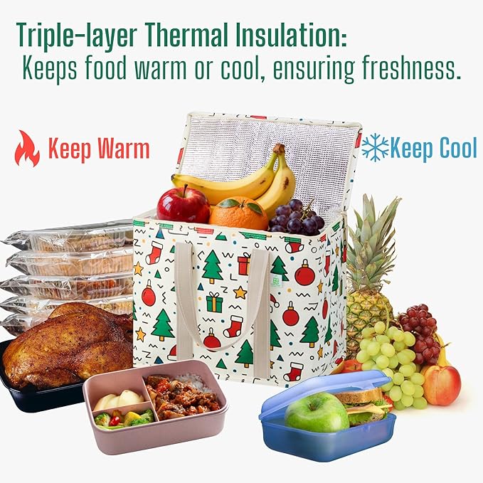 VENO 2 Pack Cooler Bag, Insulated Grocery Bags for Food Delivery, Collapsible Cooler, Reusable Shopping Bags for Groceries, Hard Bottom, Zippered, Foldable, Christmas Pattern (Jingle Mix, 2 Pack)