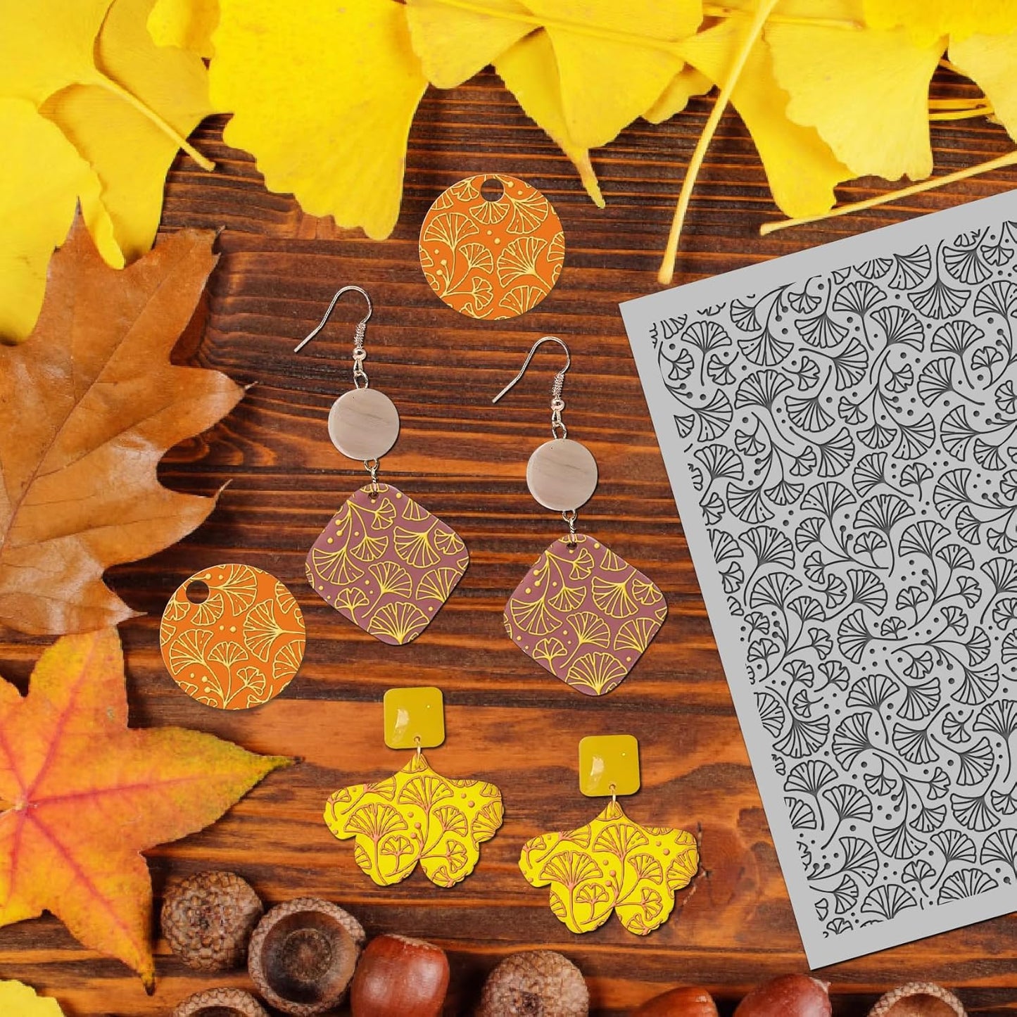 Arbuya Ginkgo Leaves Polymer Clay Texture Mat -Autumn Leaves Texture Sheet for Polymer Clay Jewelry Making, Earring Charms, DIY Craft Supplies