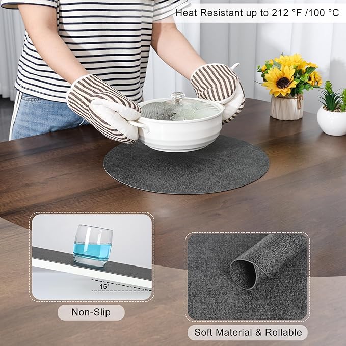 Myir JUN Round Placemats Dual Sided, Faux Leather Place Mats Set of 4 Indoor Placemats for Dining Table Outdoor Placemats Non-Slip Washable Table Mats (Set of 8, Gray)