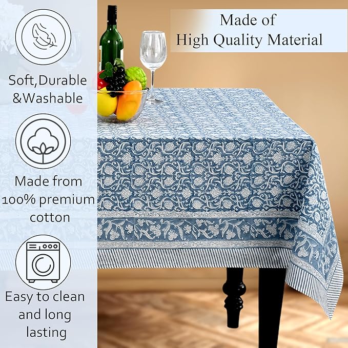 CPC Azure Regal Tablecloth 100% Cotton 70x108 Inch Indian Block Print Rectangle Table Cover, Table Cloth for Gifting in Weddings, Halloween, Fall, Christmas, Thanksgiving